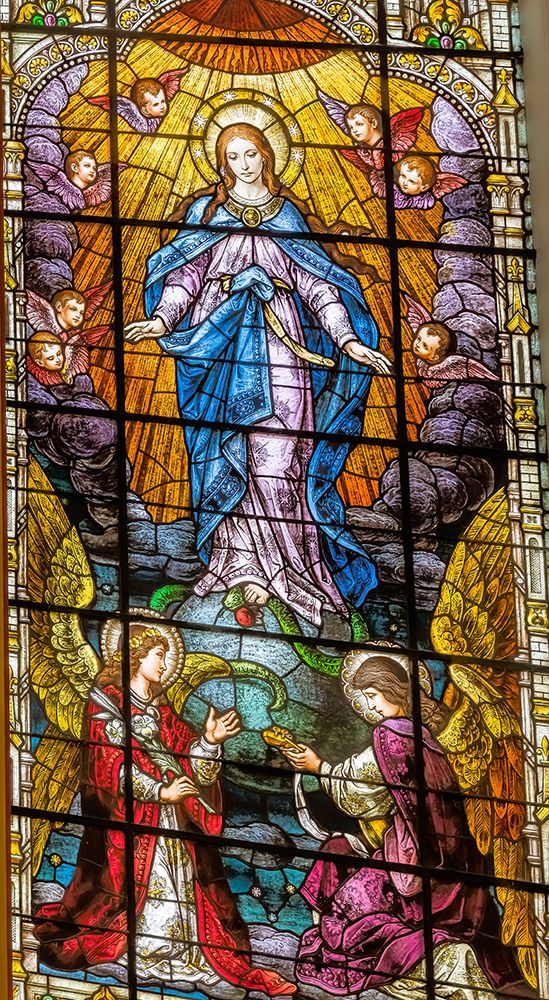 Assumption Virgin Mary stained glass Gesu Church-Miami-Florida. Glass by Franz Mayer.